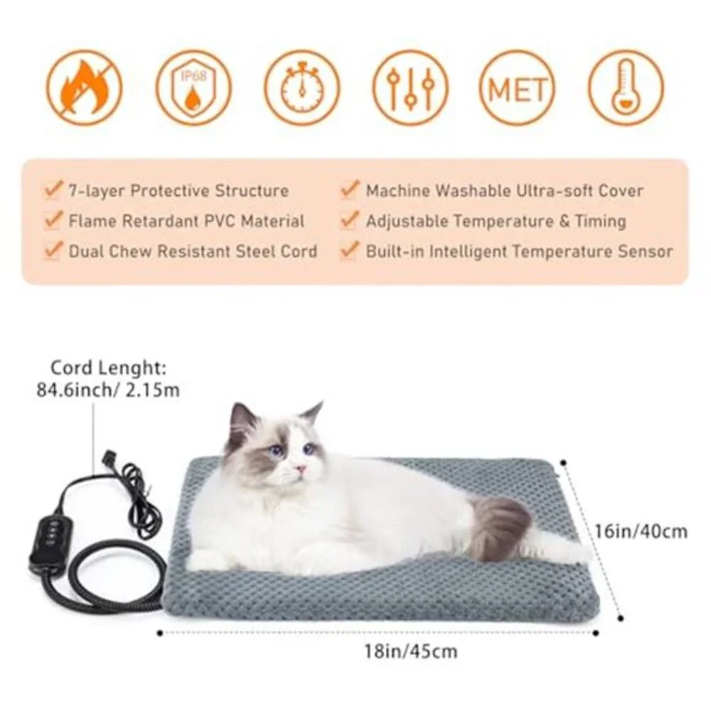 Heated Cat Dog Bed Heating Pad Adjustable Temp Timer Waterproof 18x16